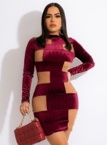 Winter Sexy Red Velvet With Mesh Long Sleeve Bodycon Dress