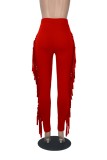 Spring Fashion Red High Waist Tassels Slim Pant