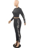 Spring Sexy Black Print Round Collar Long Sleeve Crop Top And Pant Wholesale Womens 2 Piece Sets