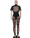 Summer Sexy Black See Through Mesh Backless Short Sleeve Top And Pant Wholesale 2 Piece Outfits