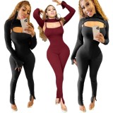 Winter Sexy Black Long Sleeve Crop Top And Straps Jumpsuit Wholesale Two Piece Sets