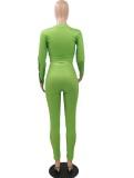 Spring Sexy Green Print Round Collar Long Sleeve Crop Top And Pant Wholesale Womens 2 Piece Sets