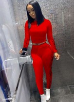 Spring Sexy Red Print Round Collar Long Sleeve Crop Top And Pant Wholesale Womens 2 Piece Sets