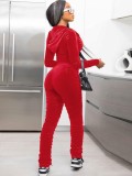 Winter Casual Red Velvet Zipper Stacked Long Sleeve Top And Pant Wholesale Two Piece Clothing