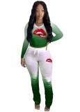 Spring Casual Green Print Round Collar Long Sleeve Top And Pant Cheap Wholesale Two Piece Sets