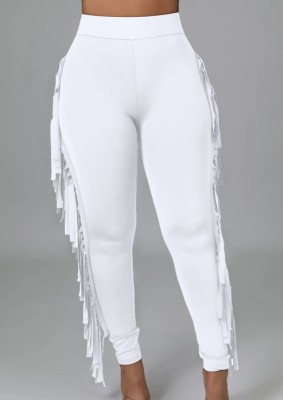 Spring Fashion White High Waist Tassels Slim Pant