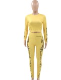 Spring Sexy Yellow Print Round Collar Long Sleeve Crop Top And Pant Wholesale Womens 2 Piece Sets