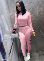 Spring Sexy Pink Print Round Collar Long Sleeve Crop Top And Pant Wholesale Womens 2 Piece Sets