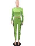 Spring Sexy Green Print Round Collar Long Sleeve Crop Top And Pant Wholesale Womens 2 Piece Sets