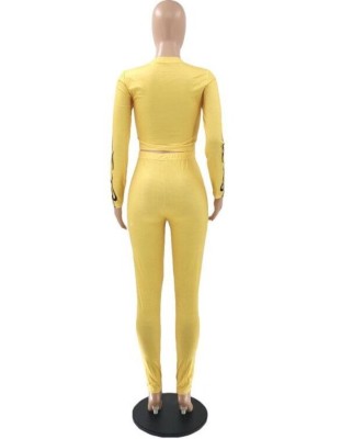 Spring Sexy Yellow Print Round Collar Long Sleeve Crop Top And Pant Wholesale Womens 2 Piece Sets
