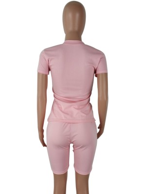 Summer Cute Sequins Print Pink Short Sleeve Top Wholesale Two Piece Short Set