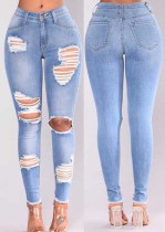 Spring Fashion Lt-Blue Ripped High Wasit Elastic Jeans