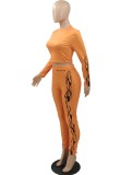 Spring Sexy Orange Print Round Collar Long Sleeve Crop Top And Pant Wholesale Womens 2 Piece Sets