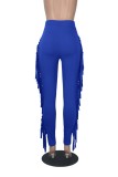 Spring Fashion Blue High Waist Tassels Slim Pant