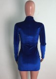 Winter Sexy Blue Velvet With Mesh Long Sleeve Bodycon Dress