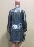 Spring Fashion Silver V Neck Long Sleeve Slit Mini Dress