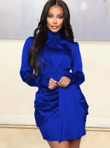 Winter Elegant Blue High Collar Long Sleeve Ruffles Mini Dress