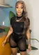 Summer Sexy Black See Through Mesh Short Sleeve Crop Top Wholesale Two Piece Short Set