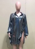 Spring Fashion Silver V Neck Long Sleeve Slit Mini Dress