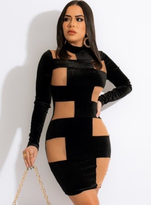 Winter Sexy Black Velvet With Mesh Long Sleeve Bodycon Dress