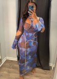 Spring Sexy Print Hollow Out Long Sleeve Long Dress