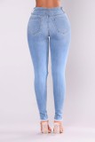Spring Fashion Lt-Blue Ripped High Wasit Elastic Jeans