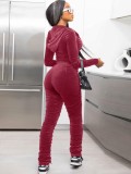 Winter Casual Red Velvet Zipper Stacked Long Sleeve Top And Pant Wholesale Two Piece Clothing