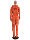 Winter Casual Orange Velvet Zipper Stacked Long Sleeve Top And Pant Wholesale Two Piece Clothing