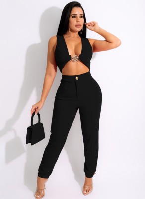 Summer Sexy Black Sleeveless Crop Top And Pant Wholesale Two Piece Sets