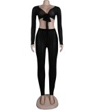 Spring Sexy Black Lace Up Long Sleeve Crop Top And Pant Wholesale Womens 2 Piece Sets