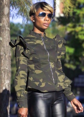 Winter Fashion Camouflage Print Zipper Ruffles Long Sleeve Jacket