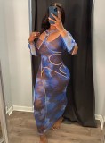 Spring Sexy Print Hollow Out Long Sleeve Long Dress