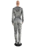 Winter Casual Grey Velvet Zipper Stacked Long Sleeve Top And Pant Wholesale Two Piece Clothing