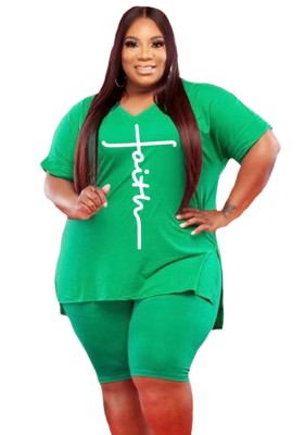 Summer Plus Size Casual Green Print V-Neck Long Sleeve Top Wholesale Biker Shorts Set