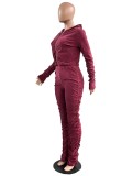 Winter Casual Red Velvet Zipper Stacked Long Sleeve Top And Pant Wholesale Two Piece Clothing