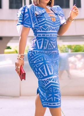 Summer Sexy Blue Print Cut Out Short Sleeve Bodycon Dress