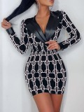 Spring Fashion Print Pu Leather V Neck Long Sleeve Bodycon Dress