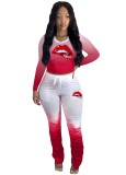 Spring Casual Red Print Round Collar Long Sleeve Top And Pant Cheap Wholesale Two Piece Sets