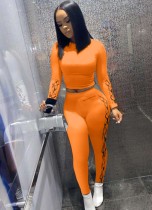 Spring Sexy Orange Print Round Collar Long Sleeve Crop Top And Pant Wholesale Womens 2 Piece Sets