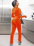 Winter Casual Orange Velvet Zipper Stacked Long Sleeve Top And Pant Wholesale Two Piece Clothing