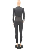 Spring Sexy Black Print Round Collar Long Sleeve Crop Top And Pant Wholesale Womens 2 Piece Sets