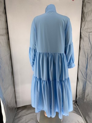 Spring Plus Size Blue Button Up Long Sleeve Loose Long Dress