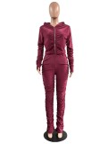 Winter Casual Red Velvet Zipper Stacked Long Sleeve Top And Pant Wholesale Two Piece Clothing