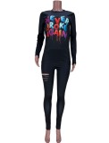 Spring Casual Black Letter Print Round Collar Long Sleeve Top And Pant Wholesale 2 Piece Outfits