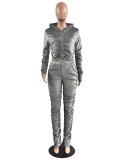 Winter Casual Grey Velvet Zipper Stacked Long Sleeve Top And Pant Wholesale Two Piece Clothing