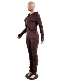 Winter Casual Brown Velvet Zipper Stacked Long Sleeve Top And Pant Wholesale Two Piece Clothing