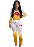 Spring Casual Yellow Print Round Collar Long Sleeve Top And Pant Cheap Wholesale Two Piece Sets