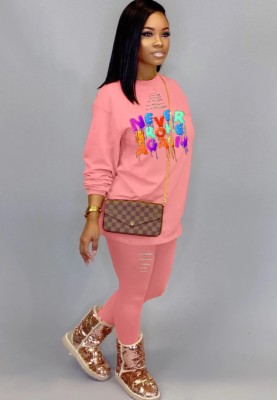 Spring Casual Pink Letter Print Round Collar Long Sleeve Top And Pant Wholesale 2 Piece Outfits