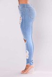 Spring Fashion Lt-Blue Ripped High Wasit Elastic Jeans
