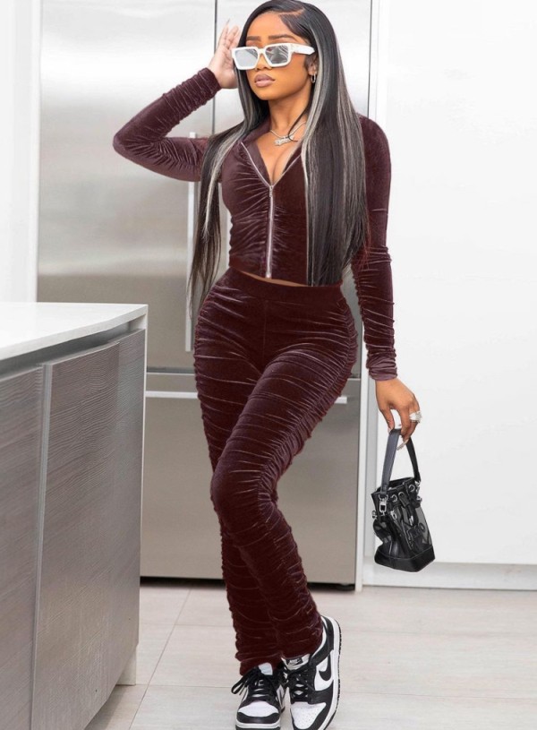 Winter Casual Brown Velvet Zipper Stacked Long Sleeve Top And Pant Wholesale Two Piece Clothing